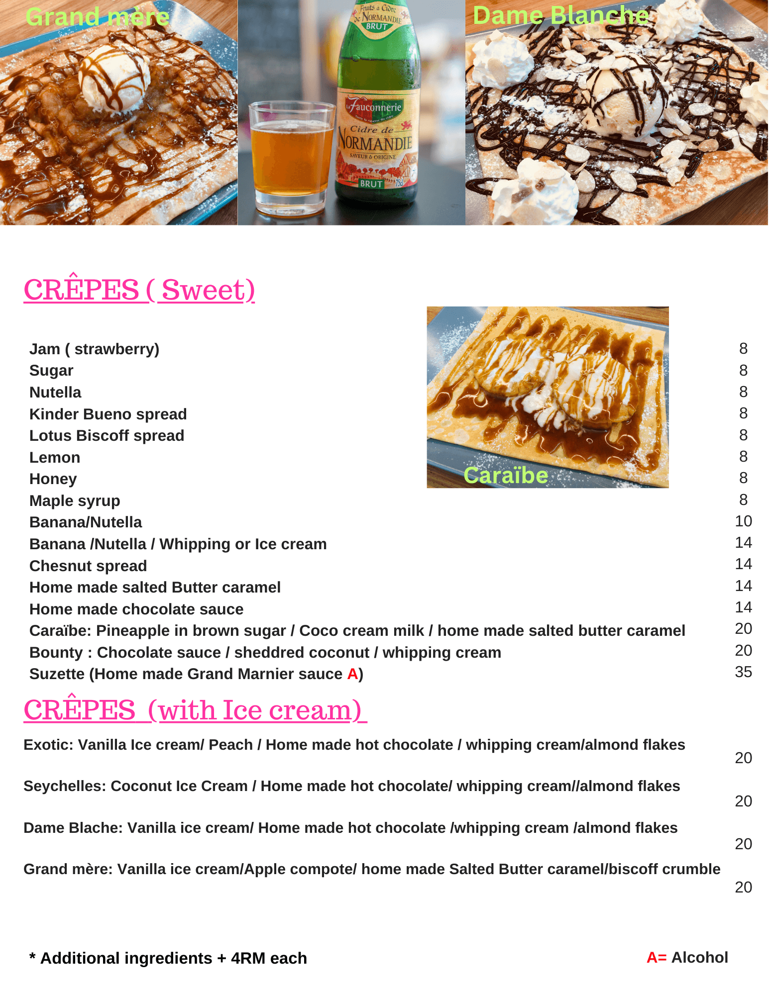 Crêpe menu showcasing sweet French pancakes with chocolate, fruits, and more