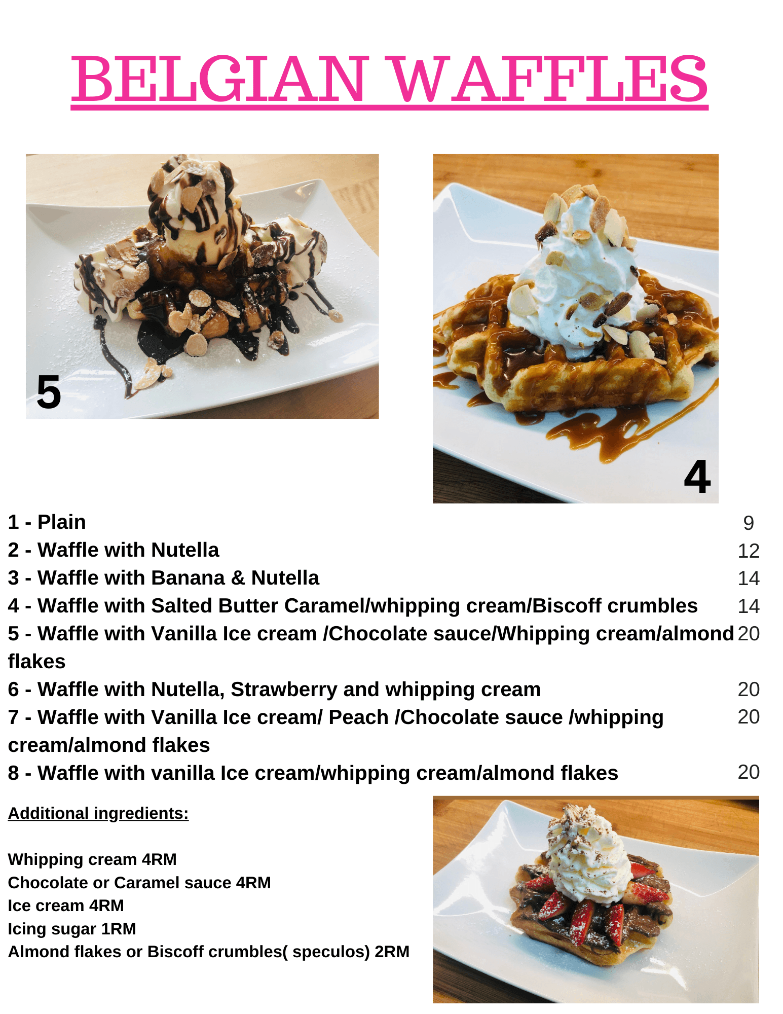 Belgian-style waffle menu with sweet and savory toppings