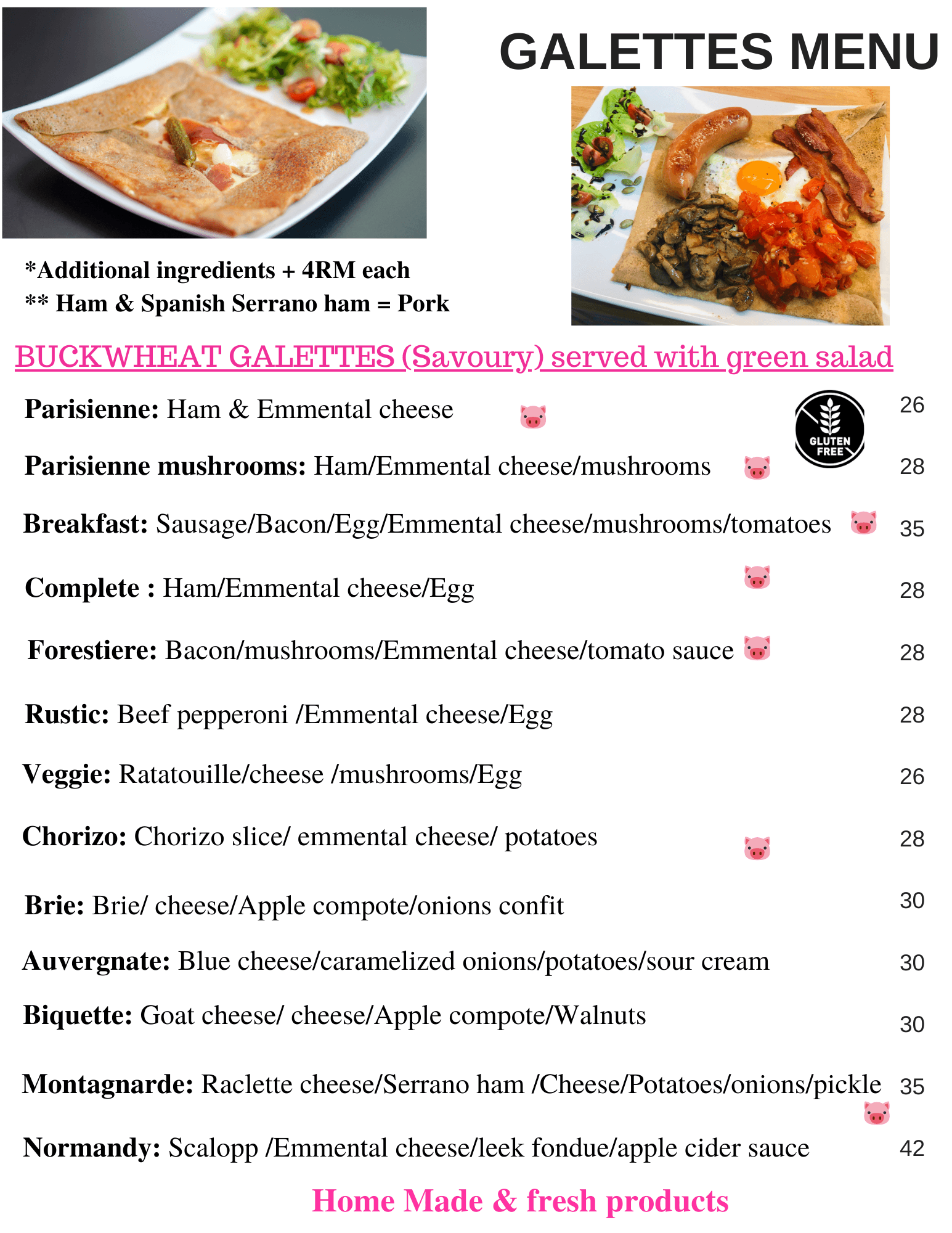 Galette menu featuring savory buckwheat crepes with various fillings